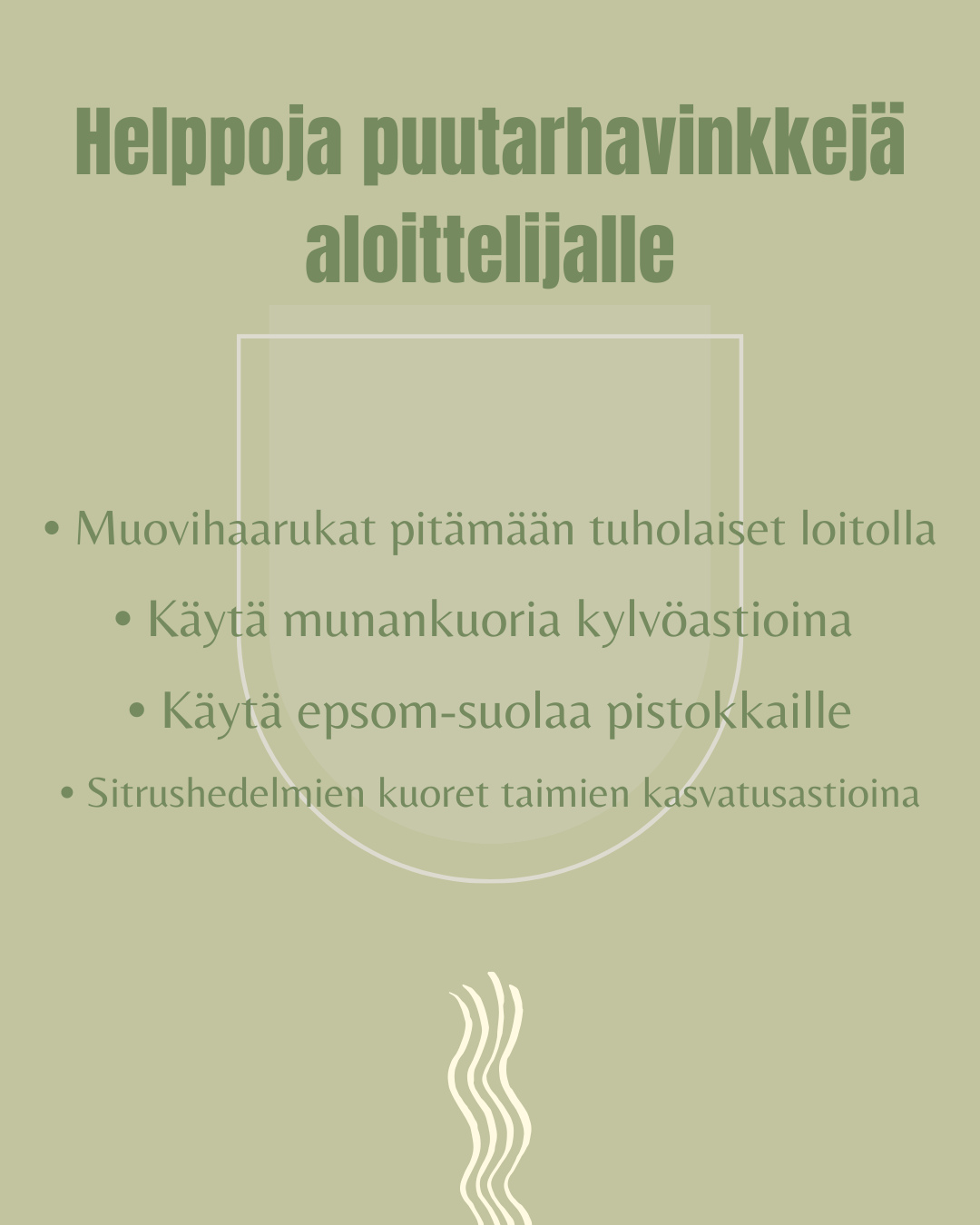 Helppoja puutarhavinkkejä aloittelijalle.⁠
⁠
Puutarhanhoidon ei tarvitse olla monimutkaista. Pienillä nikseillä pääsee pitkälle, ja usein apu löytyy yllättävän läheltä.⁠
⁠
🥚 Munankuoret toimivat kätevinä kylvöastioina. Ne ovat biohajoavia ja sisältävät luonnostaan kalsiumia, jota taimesi arvostavat.⁠
⁠
🍴 Muovihaarukat ruukun reunalla voivat auttaa pitämään tuholaiset loitolla. Yksinkertainen keino, mutta yllättävän toimiva.⁠
⁠
🧂 Epsom-suolaa voi käyttää pistokkaille maltillisesti, sillä se sisältää magnesiumia, joka tukee juurten ja lehtien kehitystä.⁠
⁠
🍊 Sitrushedelmien kuoret sopivat taimien esikasvatukseen ja tuovat samalla pienen suojan ja kosteuden siemenille.⁠
⁠
Puutarhassa ei tarvitse tehdä kaikkea oikein. Tärkeintä on kokeilla, oppia ja nauttia matkasta.⁠
⁠
Mitä näistä vinkeistä sinä olet jo testannut? Tai onko sinulla joku oma, helppo puutarhaniksi jaettavaksi?