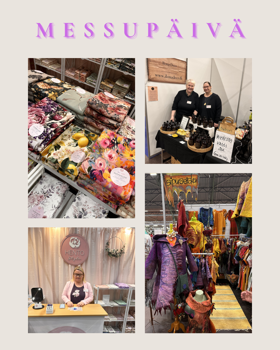 Tynnyrimiehen vaimo kävi tänään Porin Kädentaito- ja hyvinvointimessuilla fiilistelemässä värejä, kauniita osastoja, käsityön iloa ja kuuntelemassa luentoa unen biohakkeroinnista. ⁠
⁠
Tällaisista päivistä jää aina mukaan muutakin kuin ostoksia: ideoita, inspiraatiota, kohtaamisia ja pieniä arjen iloja, jotka kantavat vielä pitkään messupäivän jälkeen.⁠
⁠
@hentostyle -osastolla ihastuin silitettäviin kuviin, joilla aion antaa tylsän harmaalle bleiserilleni aivan uuden ilmeen. Messuilla tuli vastaan myös ihania Laukaa-yhteyksiä. @designsirkun osastolla hurmasi huovutettu kettu-rintaneula, joka pääsi saman tien bleiserin kaulukseen. Ja @madamerustique osastolta löytyivät ihanat merinovillaiset säärystimet, jotka tulevat käyttöön lasitetulla terassilla treenihetkiin.⁠
⁠
Yrittäjänä messupäivään mahtui myös erityisen iloinen löytö, sillä samalla syntyi uusi yhteistyökuvio Tynnyrimiehen ja @hilma_marian_tuotteet kanssa. Tulossa on nimittäin ainakin alkuun Hilma-Marian ihania pyykkietikoita Tynnyrimiehen verkkokauppaan. Tää on erityisen mukavaa myös siksi, että tässähän on satakuntalaista yhteistyötä.⁠
⁠
Kirjoitin messupäivästä enemmän blogiin, jossa mukana on tunnelmia, löytöjä ja ajatuksia siitä, miten värit, kauneus ja käsillä tekeminen tekevät hyvää mielelle. Käyhän lukaisemassa - linkki biossa.